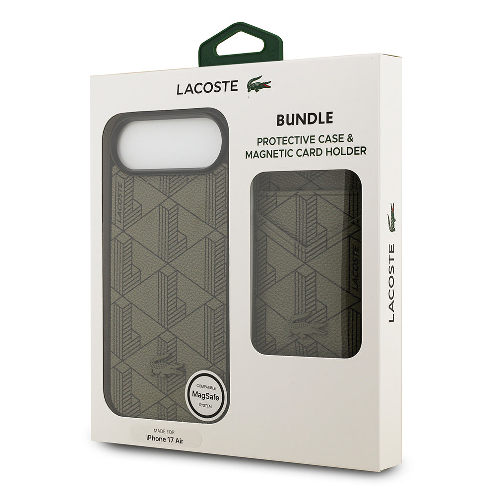Apple iPhone 17 Air Kılıf Lacoste Orjinal Lisanslı M-safe Şarj Özellikli PU Deri Tasarımlı Kartlıklı Karışık Monogram Desenli Kapak