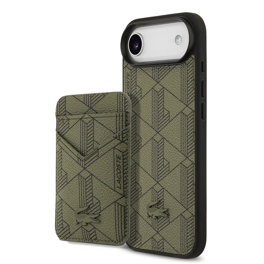 Apple iPhone 17 Air Kılıf Lacoste Orjinal Lisanslı M-safe Şarj Özellikli PU Deri Tasarımlı Kartlıklı Karışık Monogram Desenli Kapak