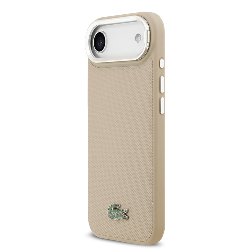 Apple iPhone 17 Air Kılıf Lacoste Orjinal Lisanslı M-safe Şarj Özellikli PU Pike Desenli Standlı Metal Logolu Kapak