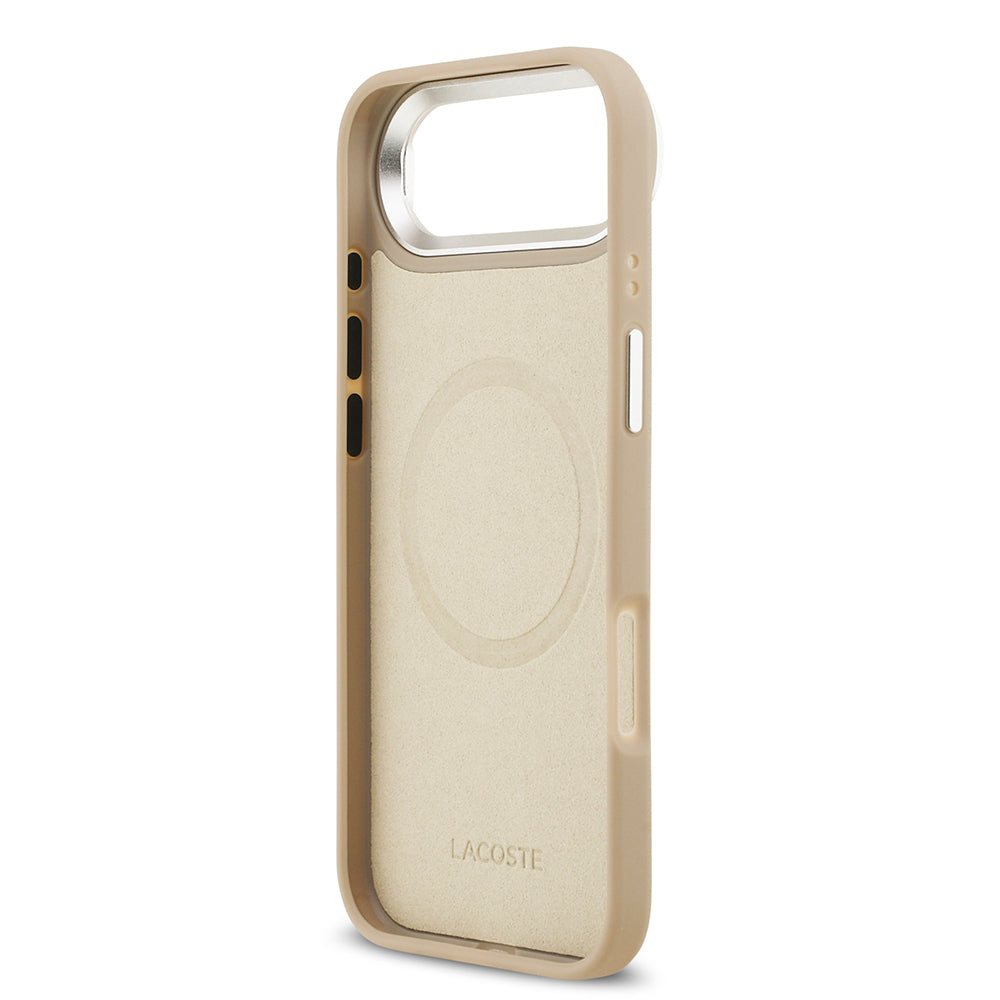 Apple iPhone 17 Air Kılıf Lacoste Orjinal Lisanslı M-safe Şarj Özellikli PU Pike Desenli Standlı Metal Logolu Kapak