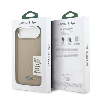 Apple iPhone 17 Air Kılıf Lacoste Orjinal Lisanslı M-safe Şarj Özellikli PU Pike Desenli Standlı Metal Logolu Kapak