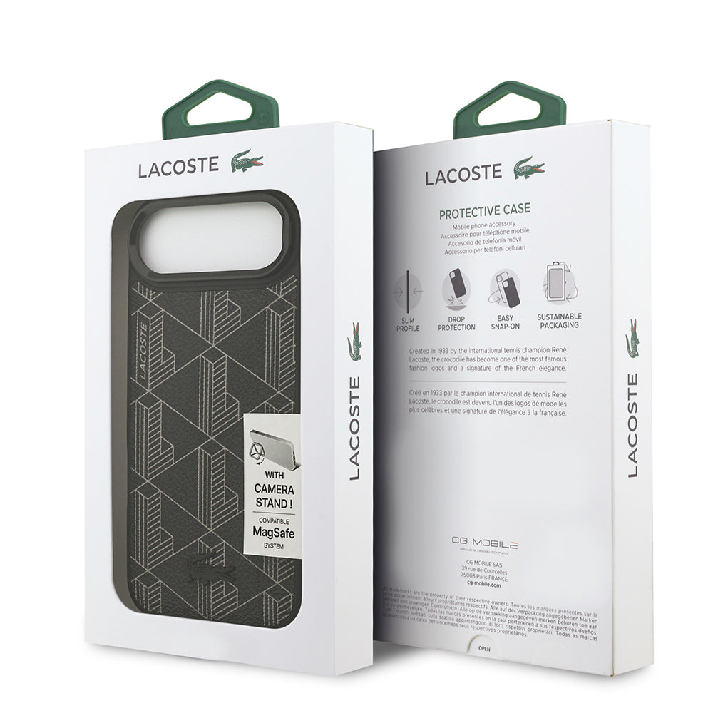 Apple iPhone 17 Air Kılıf Lacoste Orjinal Lisanslı M-safe Şarj Özellikli Standlı PU Deri Karışık Monogram Desenli Kapak