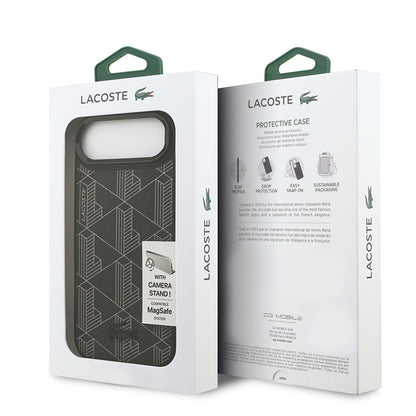 Apple iPhone 17 Air Kılıf Lacoste Orjinal Lisanslı M-safe Şarj Özellikli Standlı PU Deri Karışık Monogram Desenli Kapak
