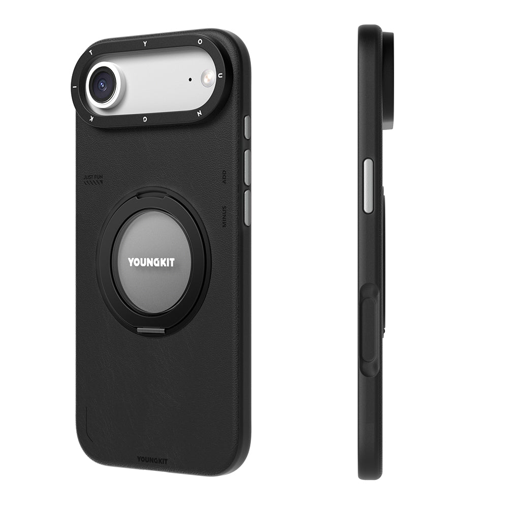Apple iPhone 17 Air Kılıf M-safe Şarj Özellikli 360 Derece Standlı Basit Mat Deri Desenli Youngkit Tech Leather Serisi Kapak