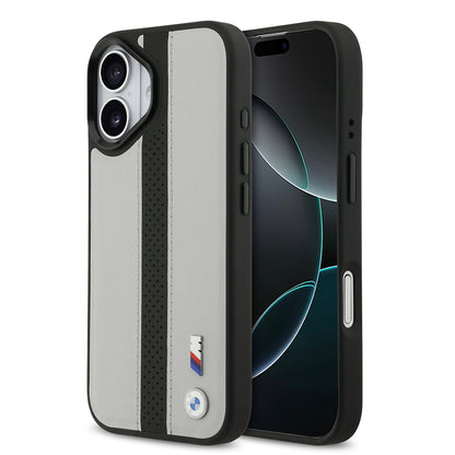 Apple iPhone 17 Kılıf BMW Orjinal Lisanslı M-safe Şarj Özellikli Deri Arka Yüzey Metal Logolu Delikli Şerit Tasarımlı Kapak