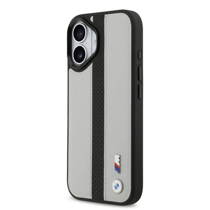 Apple iPhone 17 Kılıf BMW Orjinal Lisanslı M-safe Şarj Özellikli Deri Arka Yüzey Metal Logolu Delikli Şerit Tasarımlı Kapak