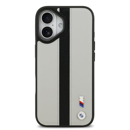Apple iPhone 17 Kılıf BMW Orjinal Lisanslı M-safe Şarj Özellikli Deri Arka Yüzey Metal Logolu Delikli Şerit Tasarımlı Kapak