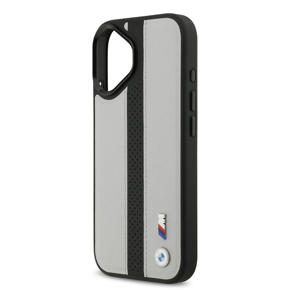 Apple iPhone 17 Kılıf BMW Orjinal Lisanslı M-safe Şarj Özellikli Deri Arka Yüzey Metal Logolu Delikli Şerit Tasarımlı Kapak