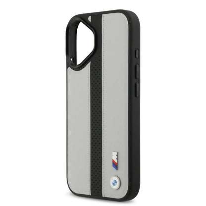 Apple iPhone 17 Kılıf BMW Orjinal Lisanslı M-safe Şarj Özellikli Deri Arka Yüzey Metal Logolu Delikli Şerit Tasarımlı Kapak