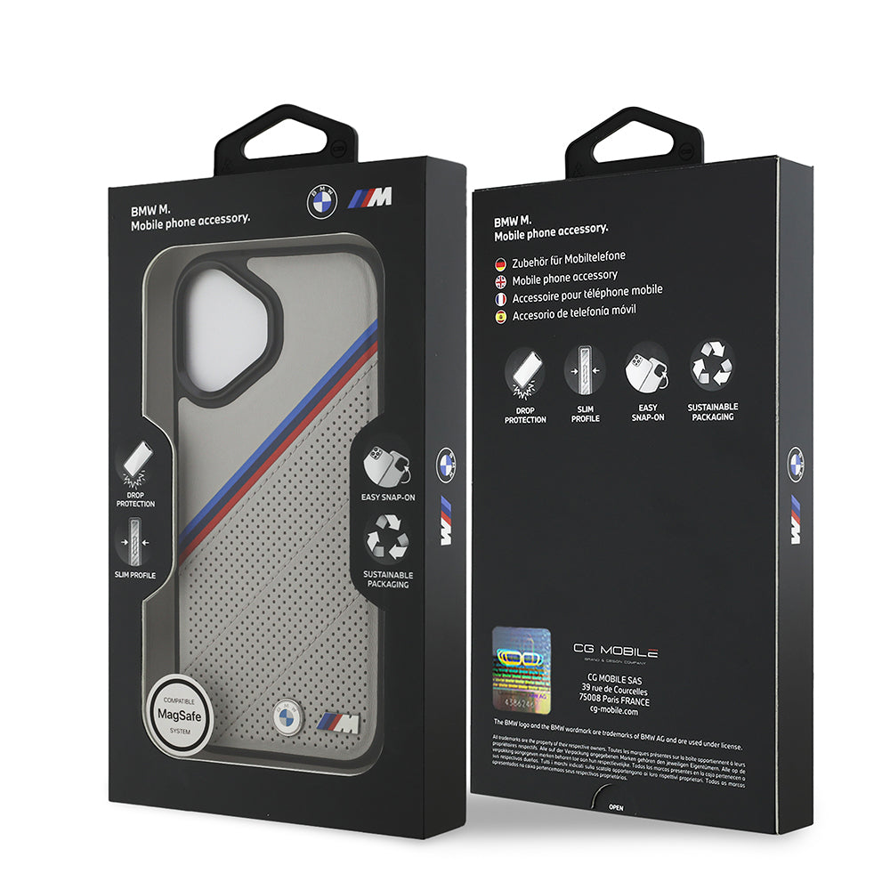Apple iPhone 17 Kılıf BMW Orjinal Lisanslı M-safe Şarj Özellikli M Logolu Üç Şeritli Delikli Deri Kapak