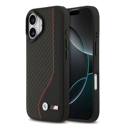 Apple iPhone 17 Kılıf BMW Orjinal Lisanslı M-safe Şarj Özellikli Metal BMW ve M Logolu PU Karbon Tasarımlı Kapak