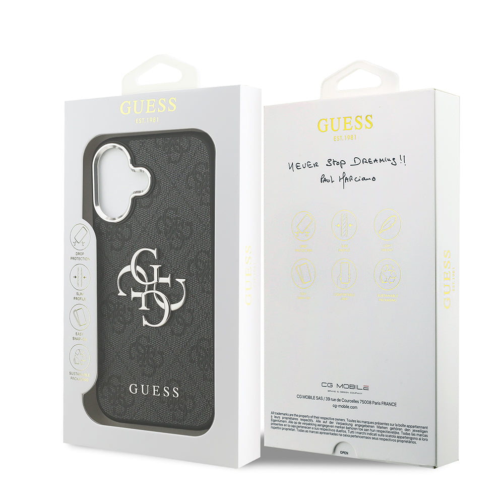 Apple iPhone 17 Kılıf Guess Orjinal Lisanslı Gümüş Metal Kamera Çerçeveli 4G Desenli Metal Büyük 4G ve Yazı Logolu Kapak