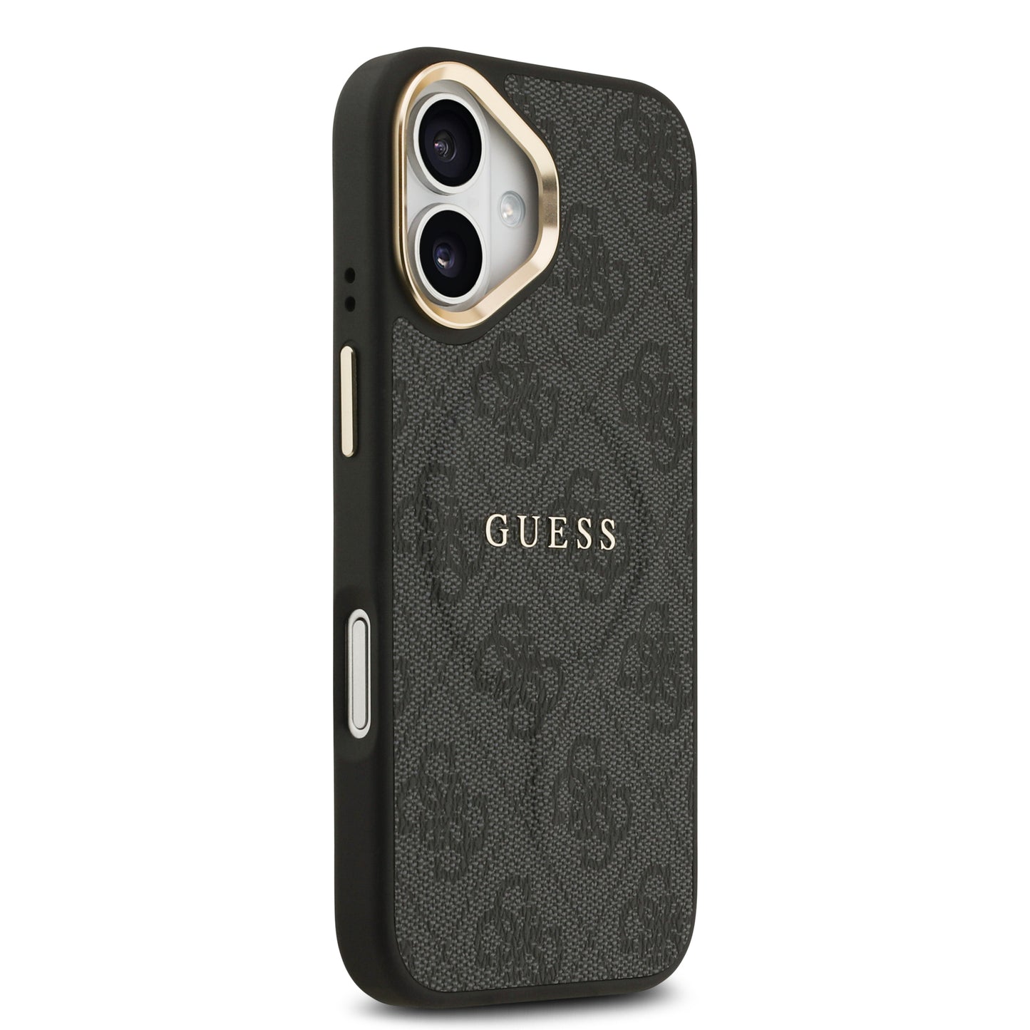 Apple iPhone 17 Kılıf Guess Orjinal Lisanslı M-safe Şarj Özellikli Gold Metal Kamera Çerçeveli PU Deri 4G Desenli Yazı Logolu Kapak