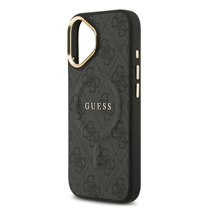 Apple iPhone 17 Kılıf Guess Orjinal Lisanslı M-safe Şarj Özellikli Gold Metal Kamera Çerçeveli PU Deri 4G Desenli Yazı Logolu Kapak