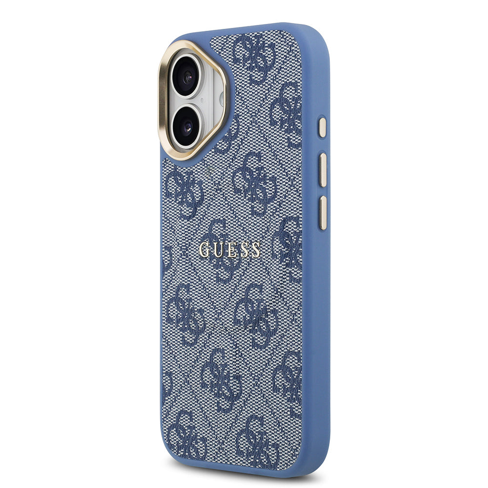 Apple iPhone 17 Kılıf Guess Orjinal Lisanslı M-safe Şarj Özellikli Gold Metal Kamera Çerçeveli PU Deri 4G Desenli Yazı Logolu Kapak
