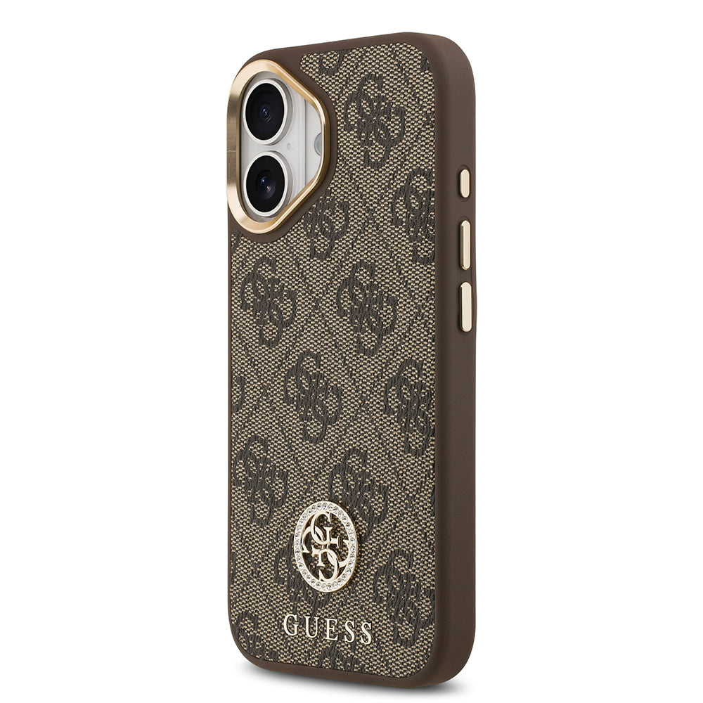 Apple iPhone 17 Kılıf Guess Orjinal Lisanslı M-safe Şarj Özellikli Gold Metal Kamera Çerçeveli Taşlı 4G Logolu Kapak