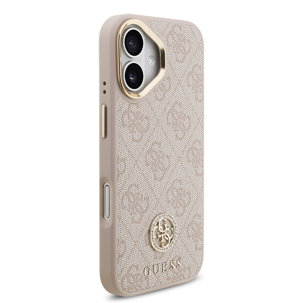 Apple iPhone 17 Kılıf Guess Orjinal Lisanslı M-safe Şarj Özellikli Gold Metal Kamera Çerçeveli Taşlı 4G Logolu Kapak