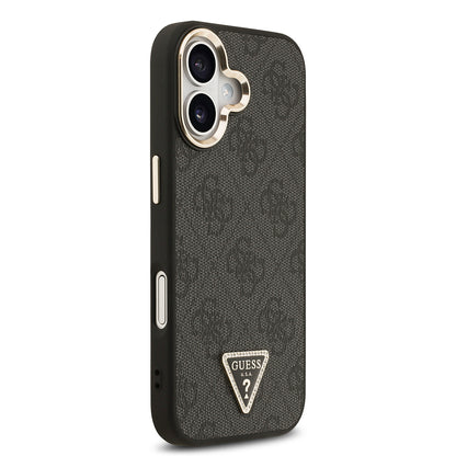 Apple iPhone 17 Kılıf Guess Orjinal Lisanslı M-safe Şarj Özellikli Gold Metal Kamera Çerçeveli Taşlı Üçgen Logo 4G Desenli Kapak