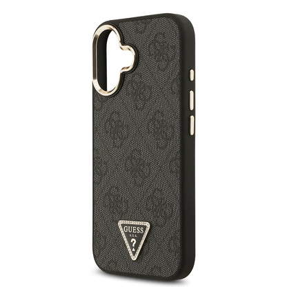 Apple iPhone 17 Kılıf Guess Orjinal Lisanslı M-safe Şarj Özellikli Gold Metal Kamera Çerçeveli Taşlı Üçgen Logo 4G Desenli Kapak