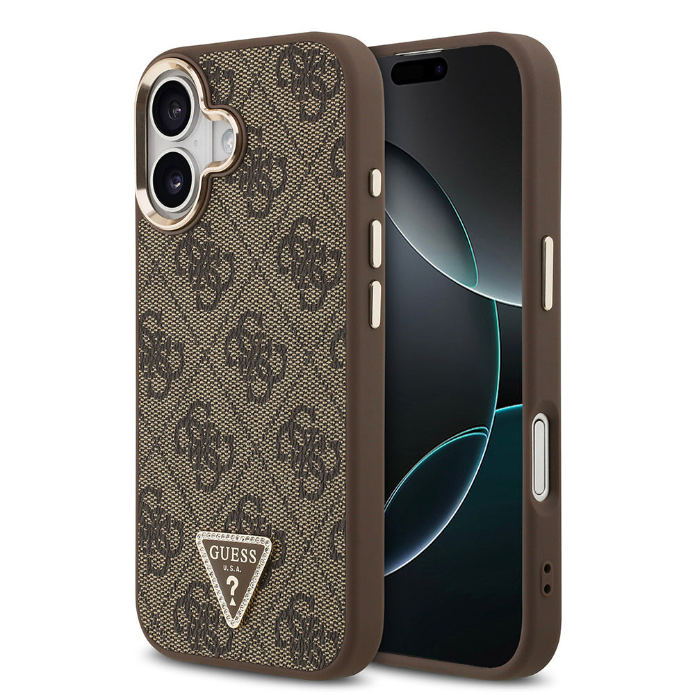 Apple iPhone 17 Kılıf Guess Orjinal Lisanslı M-safe Şarj Özellikli Gold Metal Kamera Çerçeveli Taşlı Üçgen Logo 4G Desenli Kapak