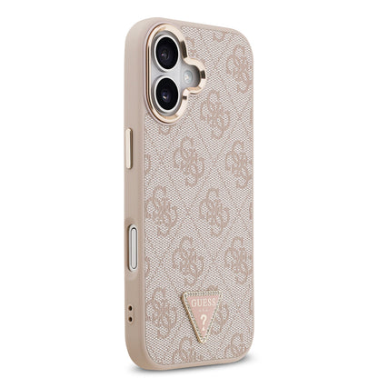 Apple iPhone 17 Kılıf Guess Orjinal Lisanslı M-safe Şarj Özellikli Gold Metal Kamera Çerçeveli Taşlı Üçgen Logo 4G Desenli Kapak