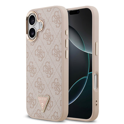 Apple iPhone 17 Kılıf Guess Orjinal Lisanslı M-safe Şarj Özellikli Gold Metal Kamera Çerçeveli Taşlı Üçgen Logo 4G Desenli Kapak