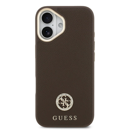 Apple iPhone 17 Kılıf Guess Orjinal Lisanslı M-safe Şarj Özellikli Grained Yazı ve Taşlı 4G Logolu Kapak