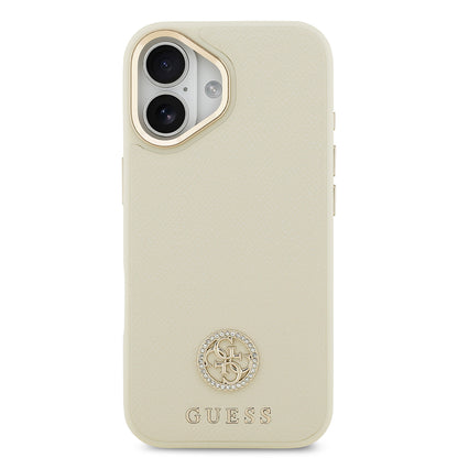 Apple iPhone 17 Kılıf Guess Orjinal Lisanslı M-safe Şarj Özellikli Grained Yazı ve Taşlı 4G Logolu Kapak
