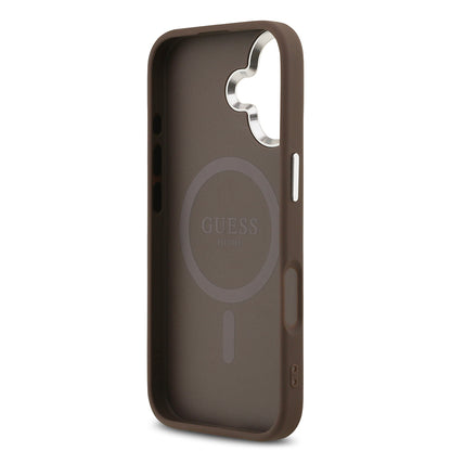 Apple iPhone 17 Kılıf Guess Orjinal Lisanslı M-safe Şarj Özellikli Gümüş Metal Kamera Çerçeveli Üçgen Logo 4G Desenli Kapak