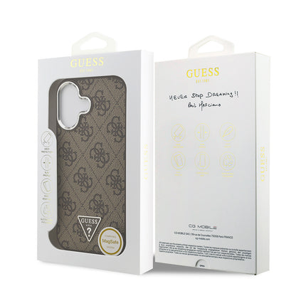 Apple iPhone 17 Kılıf Guess Orjinal Lisanslı M-safe Şarj Özellikli Gümüş Metal Kamera Çerçeveli Üçgen Logo 4G Desenli Kapak