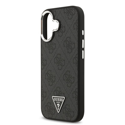 Apple iPhone 17 Kılıf Guess Orjinal Lisanslı M-safe Şarj Özellikli Gümüş Metal Kamera Çerçeveli Üçgen Logo 4G Desenli Kapak
