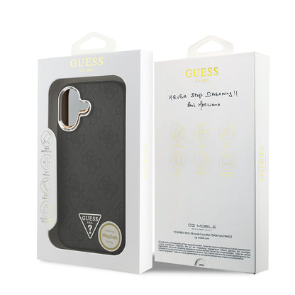 Apple iPhone 17 Kılıf Guess Orjinal Lisanslı M-safe Şarj Özellikli Gümüş Metal Kamera Çerçeveli Üçgen Logo 4G Desenli Kapak