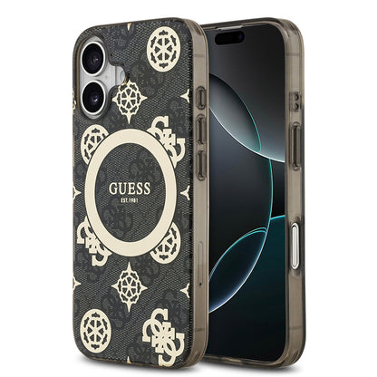 Apple iPhone 17 Kılıf Guess Orjinal Lisanslı M-safe Şarj Özellikli IML Peony ve 4G Desenli Klasik Logolu Kapak