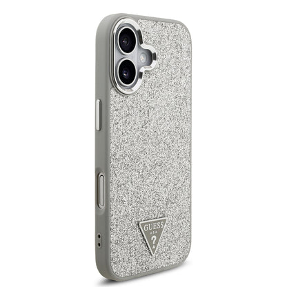 Apple iPhone 17 Kılıf Guess Orjinal Lisanslı M-safe Şarj Özellikli Metal Kamera Çerçeveli Üçgen Logolu Glitter Kapak