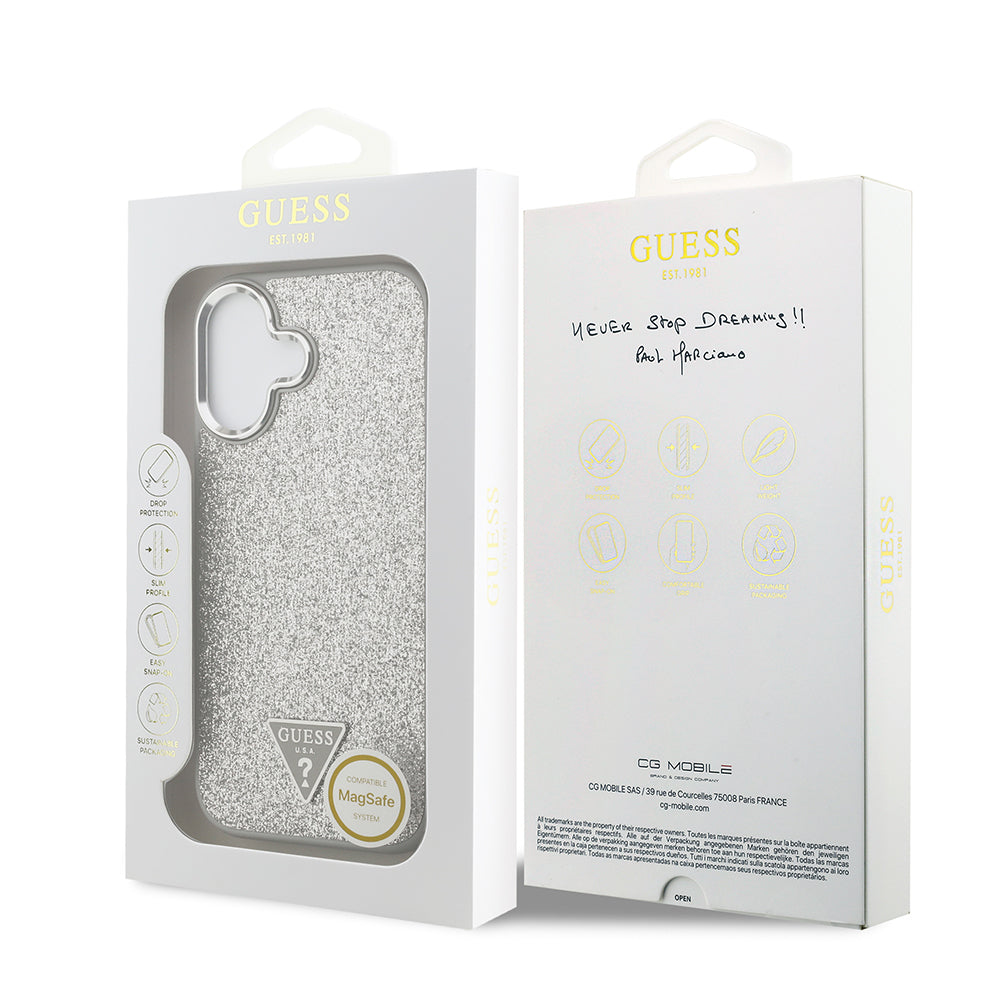 Apple iPhone 17 Kılıf Guess Orjinal Lisanslı M-safe Şarj Özellikli Metal Kamera Çerçeveli Üçgen Logolu Glitter Kapak