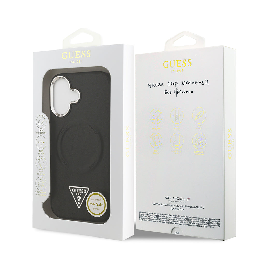 Apple iPhone 17 Kılıf Guess Orjinal Lisanslı M-safe Şarj Özellikli PU Deri Metal Kamera Çerçeveli Üçgen Logolu Kapak