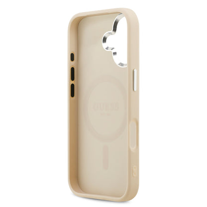 Apple iPhone 17 Kılıf Guess Orjinal Lisanslı M-safe Şarj Özellikli Sıcak Baskılı Klasik Yazı Logolu PU Deri Peony Kapak