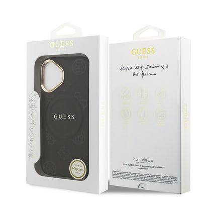 Apple iPhone 17 Kılıf Guess Orjinal Lisanslı M-safe Şarj Özellikli Sıcak Baskılı Yazı Logolu PU Deri Peony Kapak