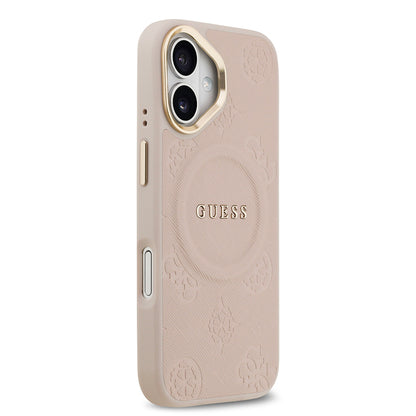 Apple iPhone 17 Kılıf Guess Orjinal Lisanslı M-safe Şarj Özellikli Sıcak Baskılı Yazı Logolu PU Deri Peony Kapak
