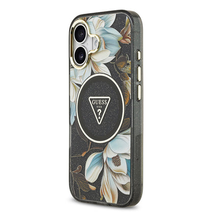 Apple iPhone 17 Kılıf Guess Orjinal Lisanslı M-safe Şarj Özellikli Simli Çiçek Desenli Metal Kamera Çerçeveli Üçgen Logolu Kapak