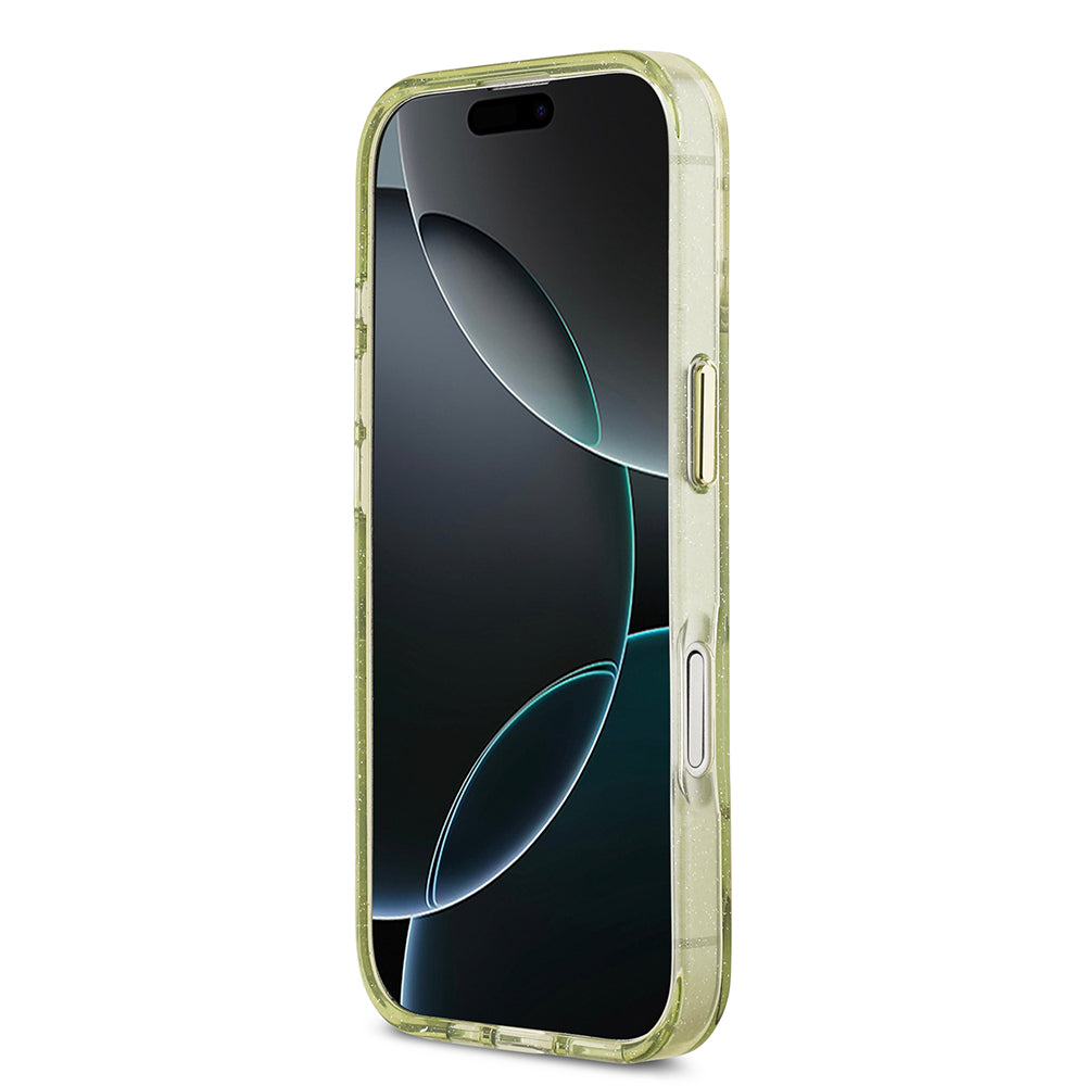 Apple iPhone 17 Kılıf Guess Orjinal Lisanslı M-safe Şarj Özellikli Simli Çiçek Desenli Metal Kamera Çerçeveli Üçgen Logolu Kapak