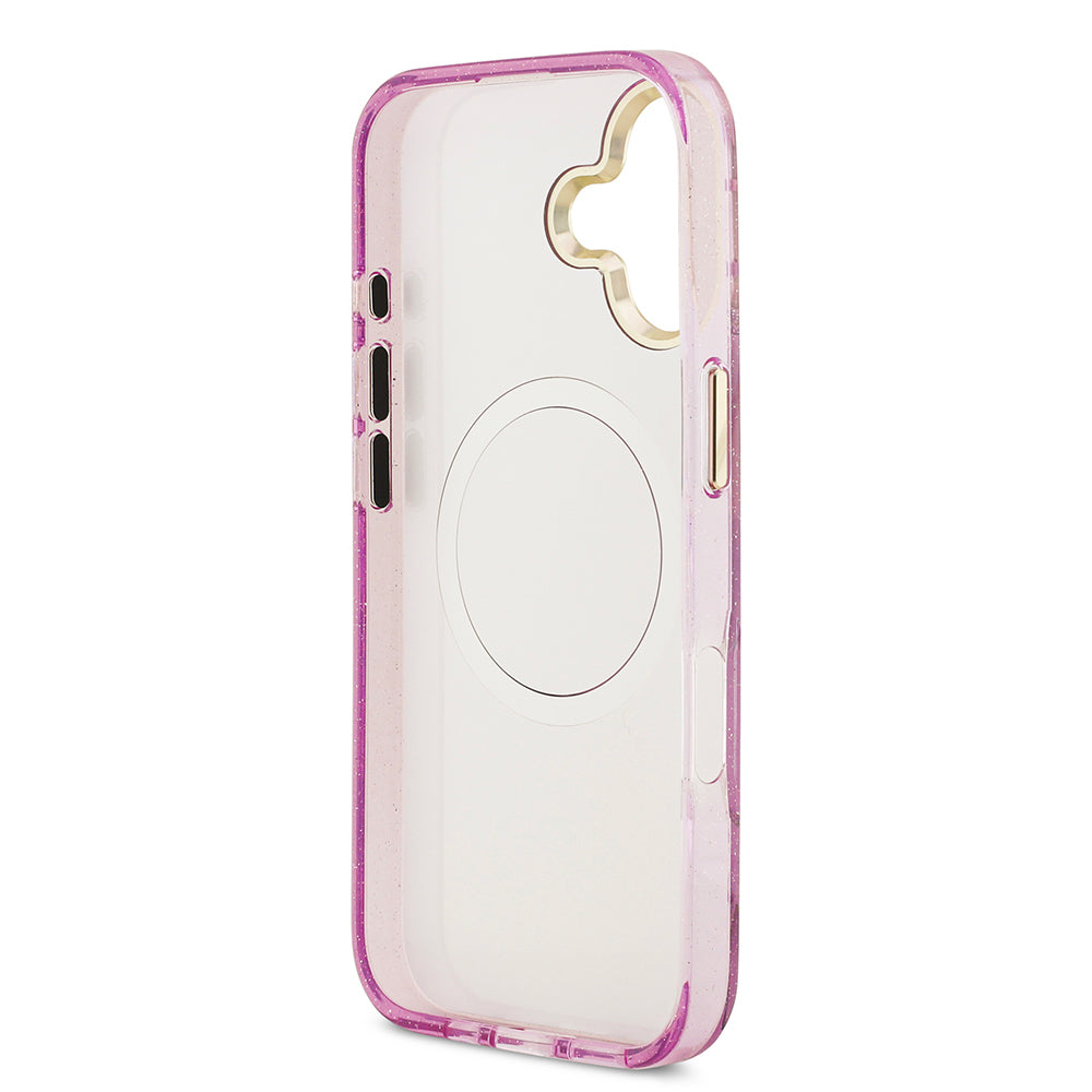 Apple iPhone 17 Kılıf Guess Orjinal Lisanslı M-safe Şarj Özellikli Simli Çiçek Desenli Metal Kamera Çerçeveli Üçgen Logolu Kapak
