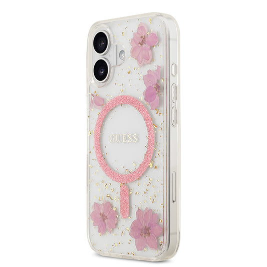 Apple iPhone 17 Kılıf Guess Orjinal Lisanslı M-safe Şarj Özellikli Transparan Resin Flowers Kapak
