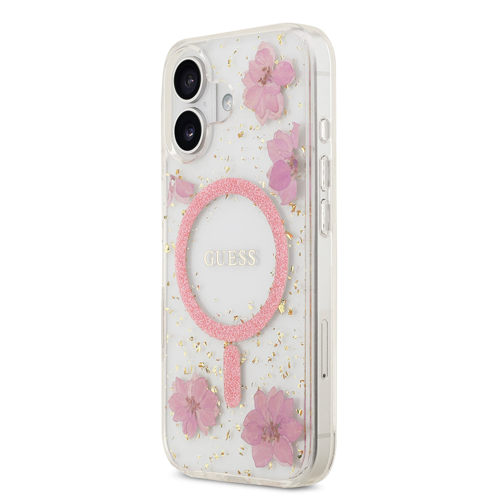 Apple iPhone 17 Kılıf Guess Orjinal Lisanslı M-safe Şarj Özellikli Transparan Resin Flowers Kapak