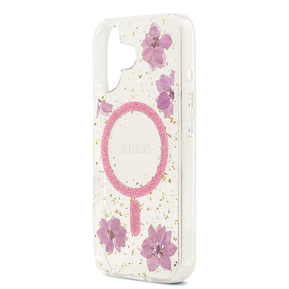 Apple iPhone 17 Kılıf Guess Orjinal Lisanslı M-safe Şarj Özellikli Transparan Resin Flowers Kapak