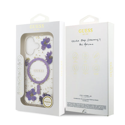 Apple iPhone 17 Kılıf Guess Orjinal Lisanslı M-safe Şarj Özellikli Transparan Resin Flowers Kapak
