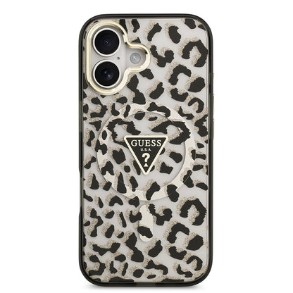 Apple iPhone 17 Kılıf Guess Orjinal Lisanslı M-safe Şarj Özellikli Üçgen Logolu Simli Leopar Desenli Kapak