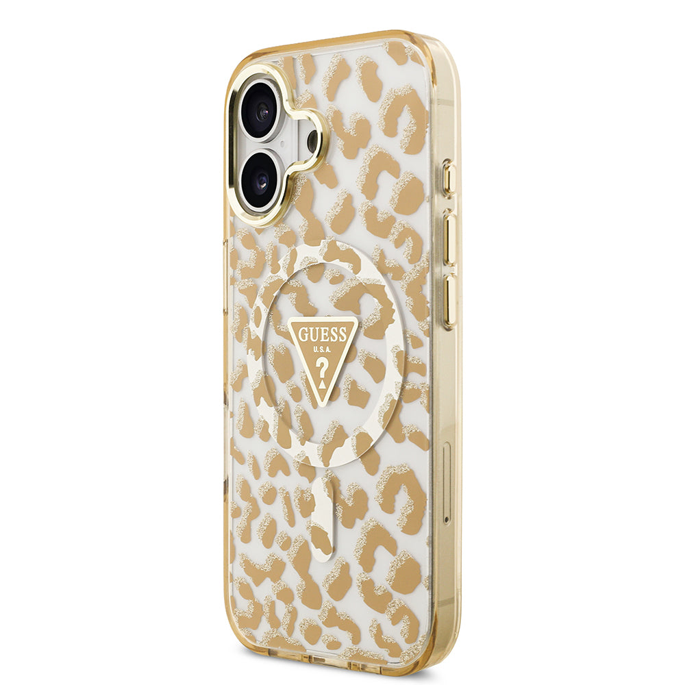 Apple iPhone 17 Kılıf Guess Orjinal Lisanslı M-safe Şarj Özellikli Üçgen Logolu Simli Leopar Desenli Kapak