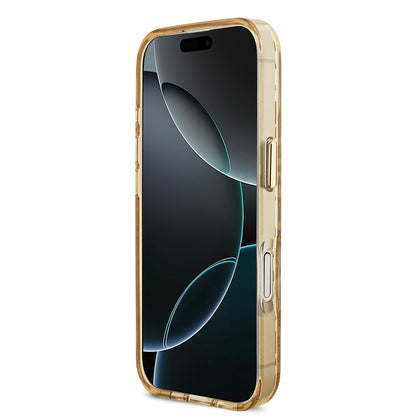 Apple iPhone 17 Kılıf Guess Orjinal Lisanslı M-safe Şarj Özellikli Üçgen Logolu Simli Leopar Desenli Kapak