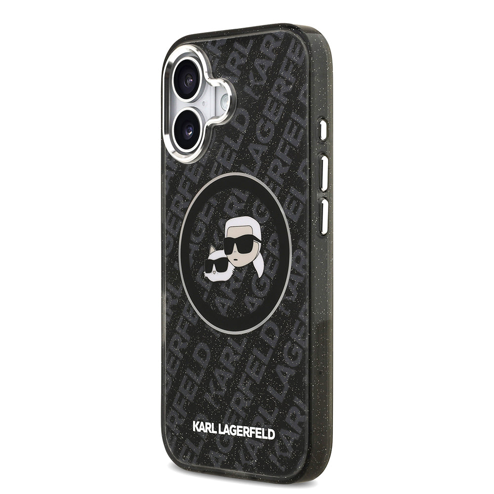 Apple iPhone 17 Kılıf Karl Lagerfeld Orjinal Lisanslı Parlayan Simli Karl & Choupette Heads Kapak
